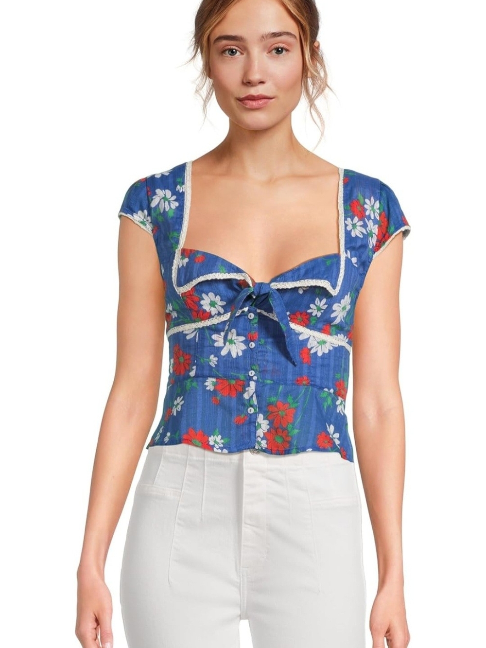 Free People Blue Floral Tie-Front Crop Top
